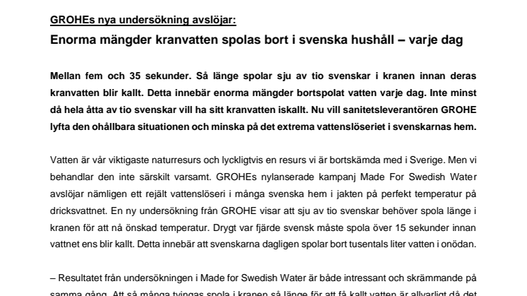 GROHEs nya undersökning avslöjar: Enorma mängder kranvatten spolas bort i svenska hushåll – varje dag