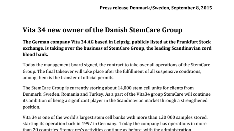 Vita 34 new owner of the Danish StemCare Group