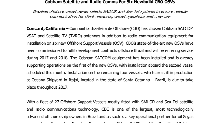 Cobham SATCOM: Cobham Satellite and Radio Comms For Six Newbuild CBO OSVs