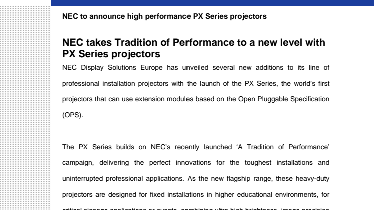 NEC takes Tradition of Performance to a new level with PX Series projectors