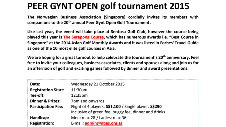 Invitation: 20th Annual Peer Gynt Open Golf Tournament - 21 October 2015 at Sentosa Golf Club