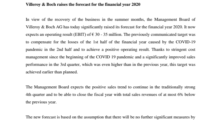 Villeroy & Boch raises the forecast for the financial year 2020