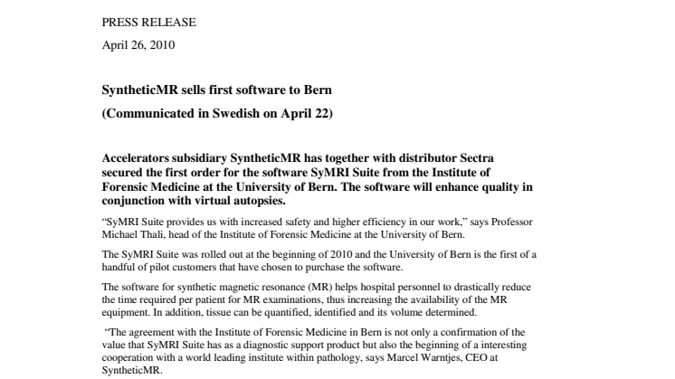 SyntheticMR sells first software to Bern 