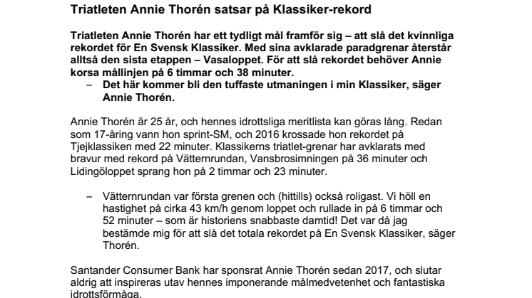 Triatleten Annie Thorén satsar på Klassiker-rekord