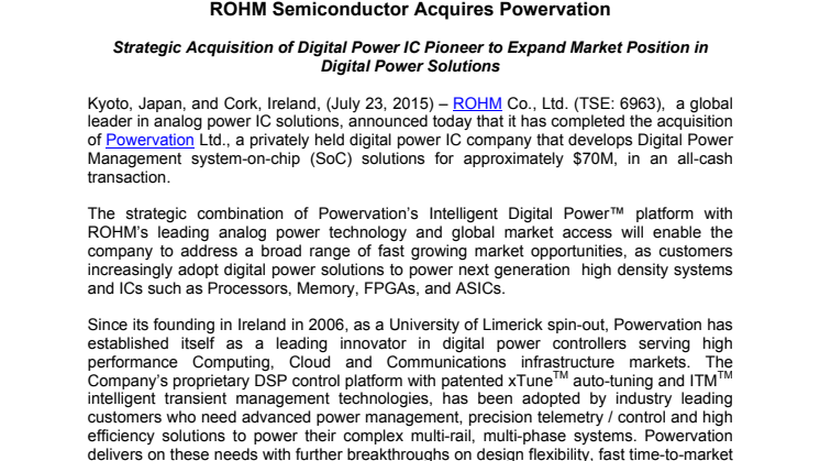 ROHM Semiconductor Acquires Powervation -- Strategic Acquisition of Digital Power IC Pioneer to Expand Market Position in Digital Power Solutions
