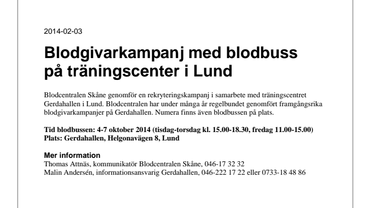 Blodgivarkampanj med blodbuss på träningscenter i Lund