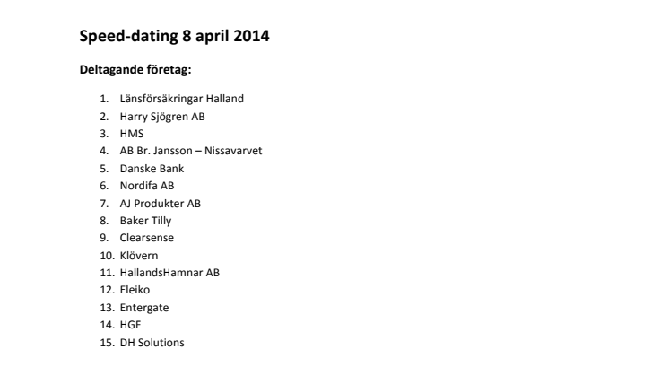 Lista över deltagande företag på speed-dating den 8 april 2014