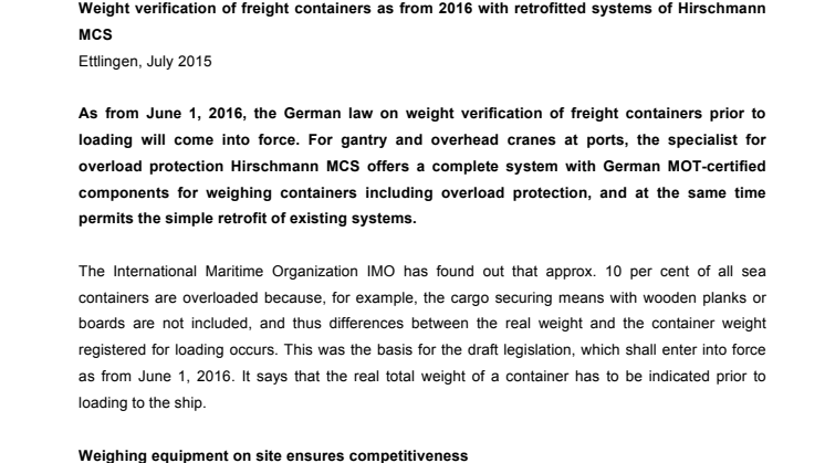 Weight verification of freight containers as from 2016 with retrofitted systems of Hirschmann MCS 