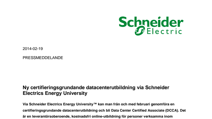 Ny certifieringsgrundande datacenterutbildning via Schneider Electrics Energy University 