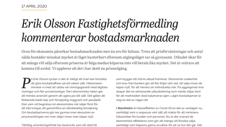 ​Erik Olsson Fastighetsförmedling kommenterar bostadsmarknaden 17 april 2020
