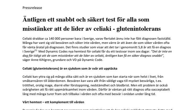 ​Äntligen ett snabbt och säkert test för alla som misstänker att de lider av celiaki, glutenintolerans!