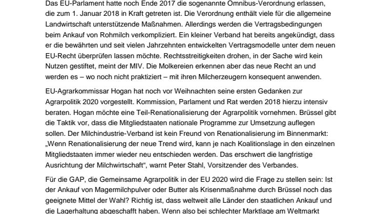 Milchpolitik 2018: MIV spricht sich gegen Renationalisierung aus 