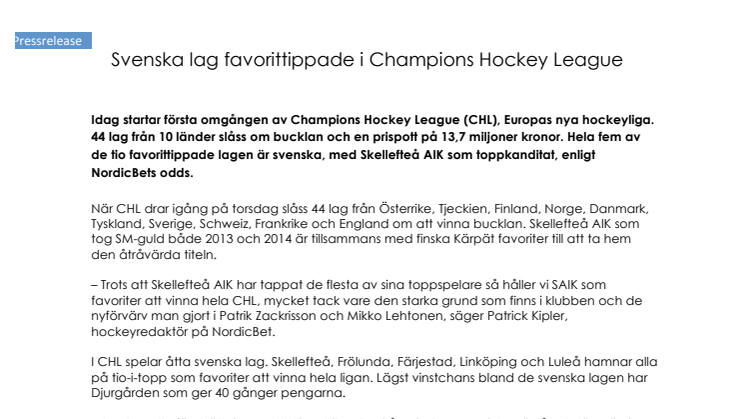 Svenska lag favorittippade i Champions Hockey League 