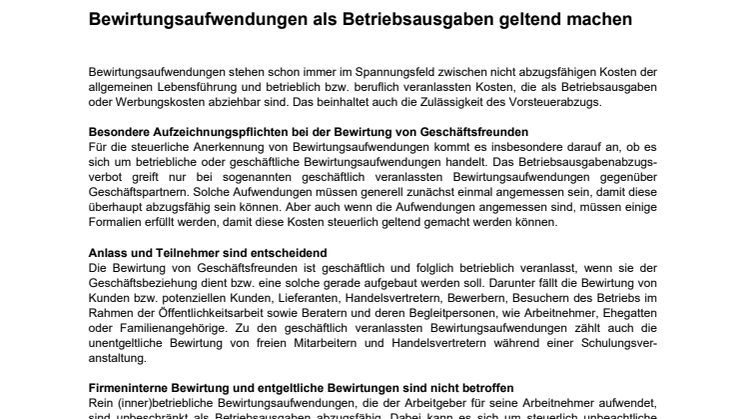 Merkblatt Bewirtungskosten