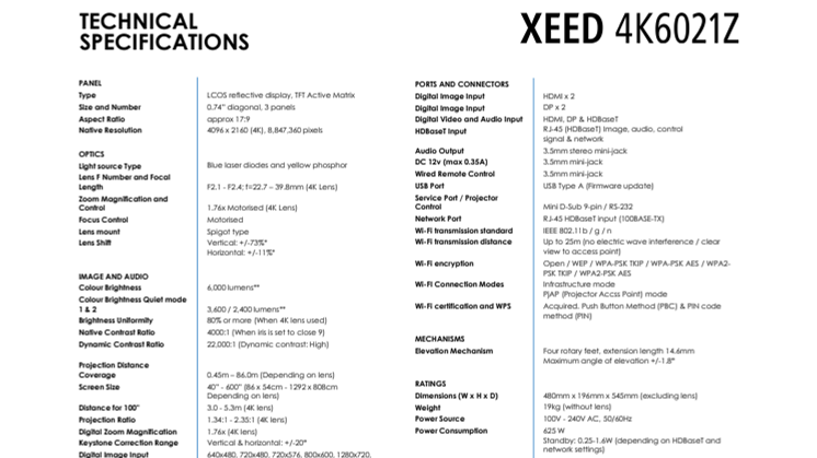 XEED 4K6021Z_PR Spec Sheet