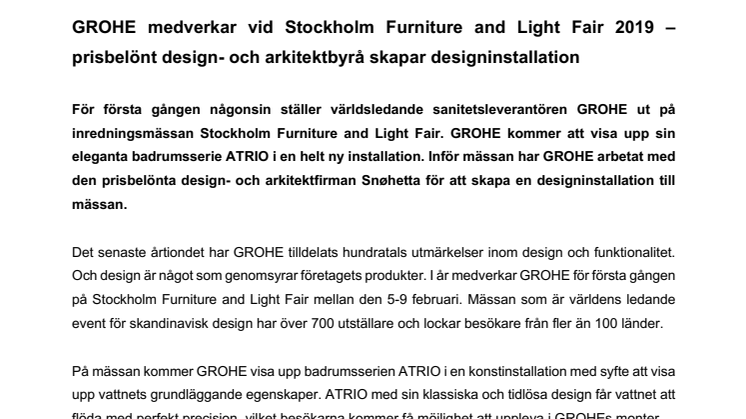GROHE medverkar vid Stockholm Furniture and Light Fair 2019 – prisbelönt design- och arkitektbyrå skapar designinstallation