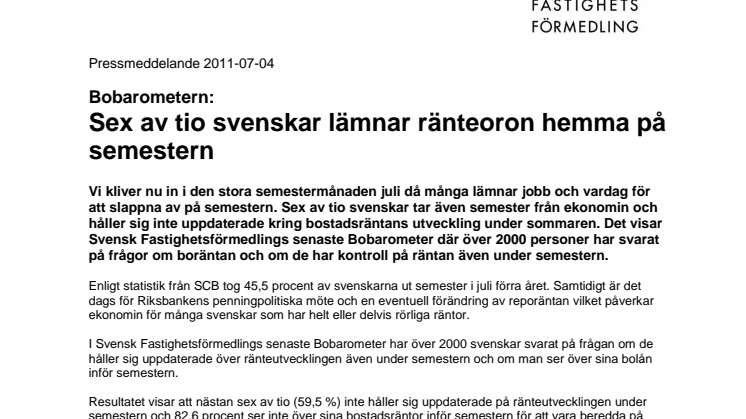 Bobarometern: Sex av tio svenskar lämnar ränteoron hemma på semestern 