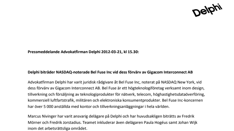 Delphi biträder NASDAQ-noterade Bel Fuse Inc vid dess förvärv av Gigacom Interconnect AB