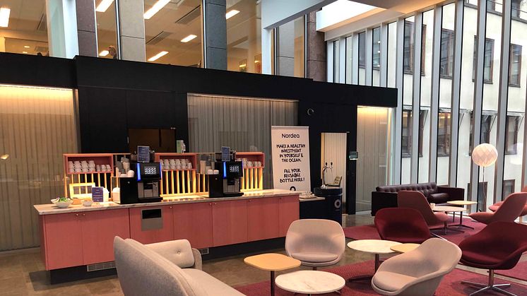 Nordea, the largest financial group in Northern Europe, has installed a unique Bluewater water hydration station in its Stockholm head office for staff and visitors to use rather than throwaway plastic bottles