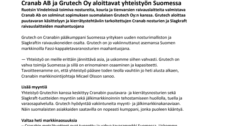 Cranab AB ja Grutech Oy aloittavat yhteistyön Suomessa