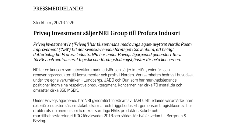 Priveq Investment säljer NRI Group till Profura Industri