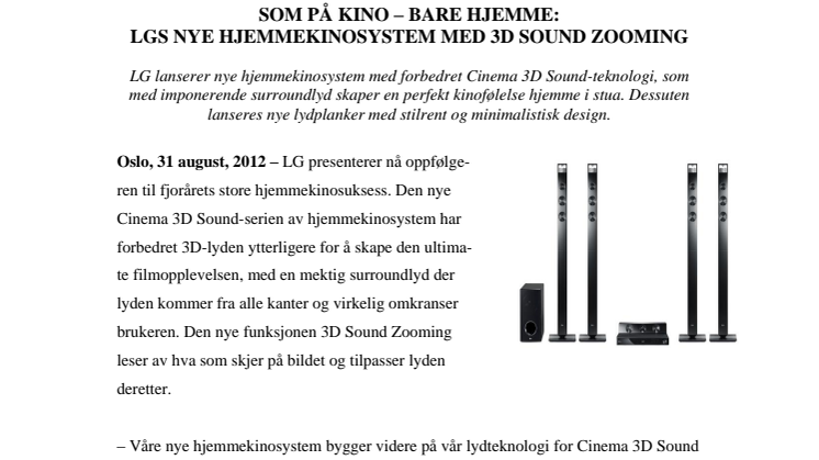 IFA 2012: SOM PÅ KINO – BARE HJEMME: LGS NYE HJEMMEKINOSYSTEM MED 3D SOUND ZOOMING 