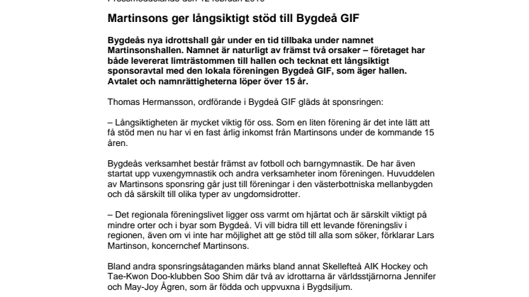 Martinsons ger långsiktigt stöd till Bygdeå GIF