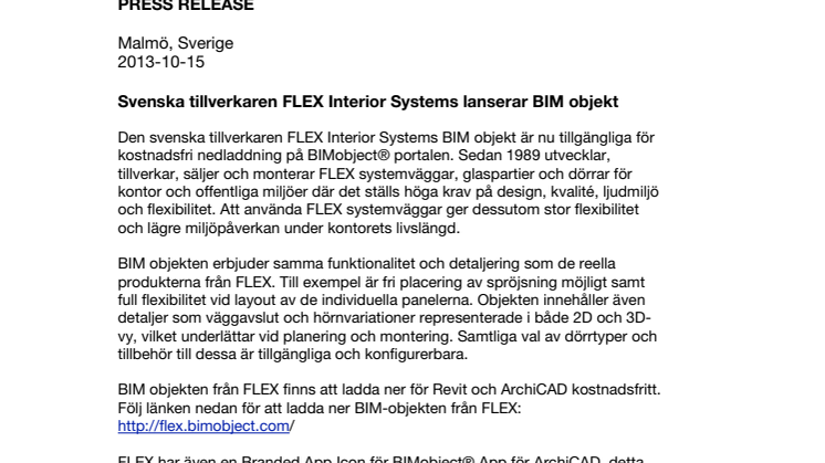 Svenska tillverkaren FLEX Interior Systems lanserar BIM-objekt