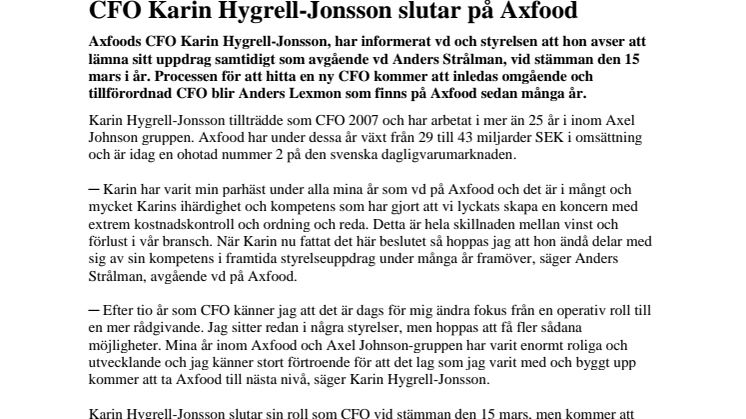 CFO Karin Hygrell-Jonsson slutar på Axfood