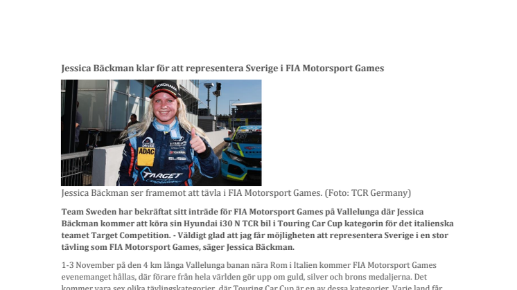 Jessica Bäckman klar för att representera Sverige i FIA Motorsport Games