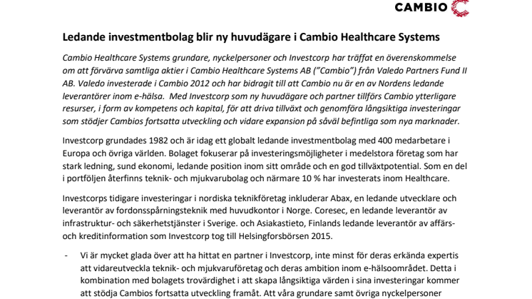 Ledande investmentbolag blir ny huvudägare i Cambio Healthcare Systems