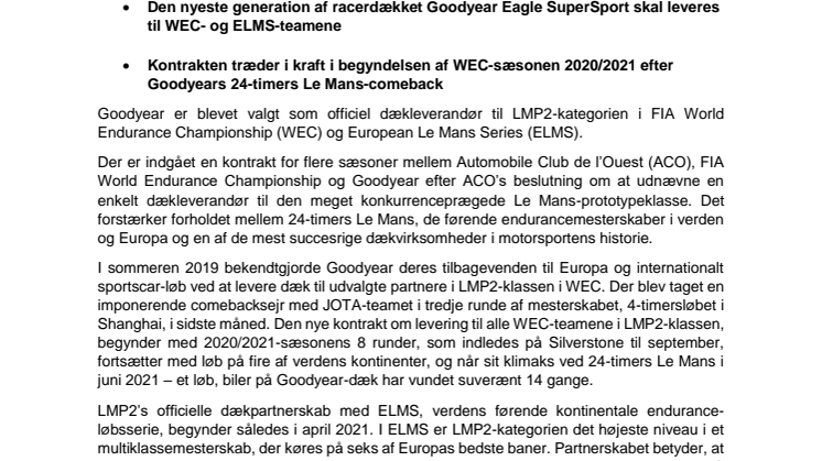 FIA World Endurance Championship vælger Goodyear som officiel dækleverandør til LMP2