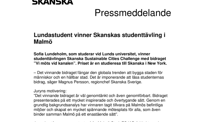 Lundastudent vinner Skanskas studenttävling i Malmö