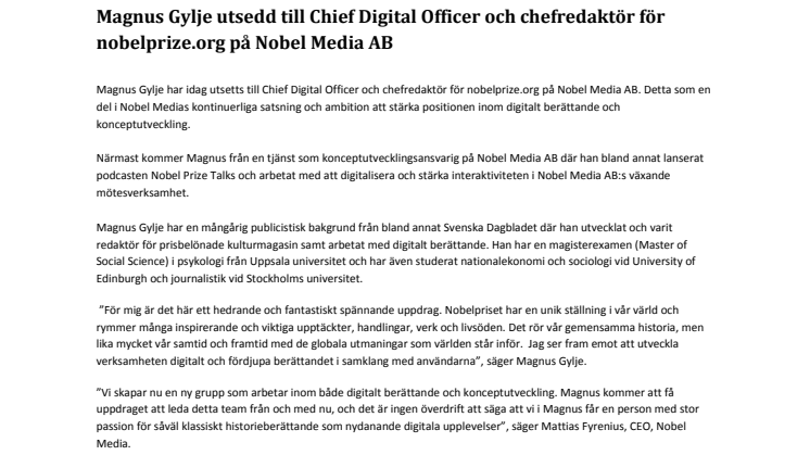 Magnus Gylje utsedd till Chief Digital Officer och chefredaktör för nobelprize.org på Nobel Media AB