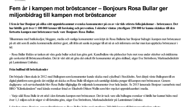 Fem år i kampen mot bröstcancer – Bonjours Rosa Bullar ger miljonbidrag till kampen mot bröstcancer