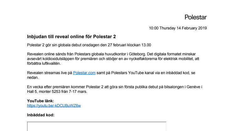 Inbjudan till reveal online för Polestar 2