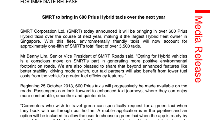 SMRT to bring in 600 Prius Hybrid taxis over the next year