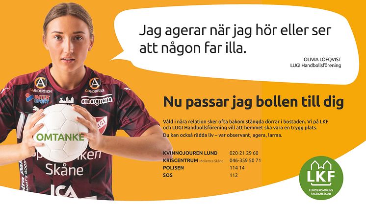 LUGI handbollsklubbs Olivia Löfqvist och lagkompisarna, Fredrik Olsson, Emma Navne  och Casper Käll, är en del av vår gemensamma kampanj för att skapa trygga hem för LKFs hyresgäster.