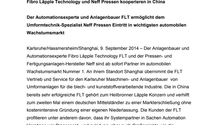 Fibro Läpple Technology und Neff Pressen kooperieren in China