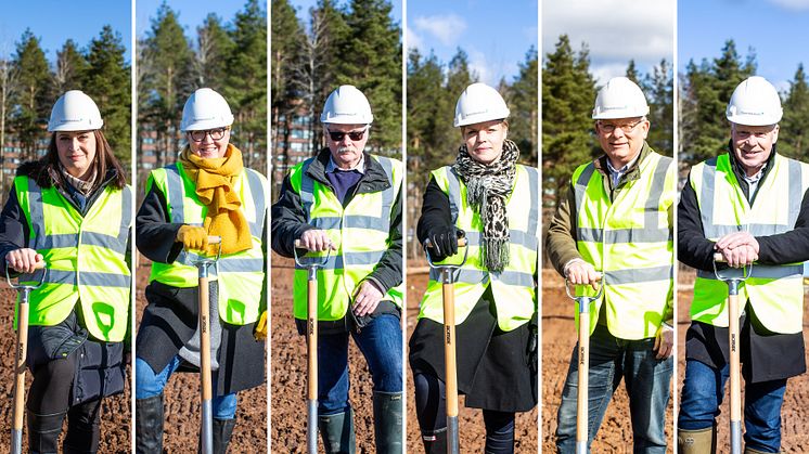 Digitalt första spadtag för 27 lägenheter och ny vårdcentral på Mossleplatån, Värnamo. Fr.v. Rachel De Basso, Mia Frisk, Stanley Guldmyr, Caroline Grahn, Lars Lejon och Hans-Göran Johansson.