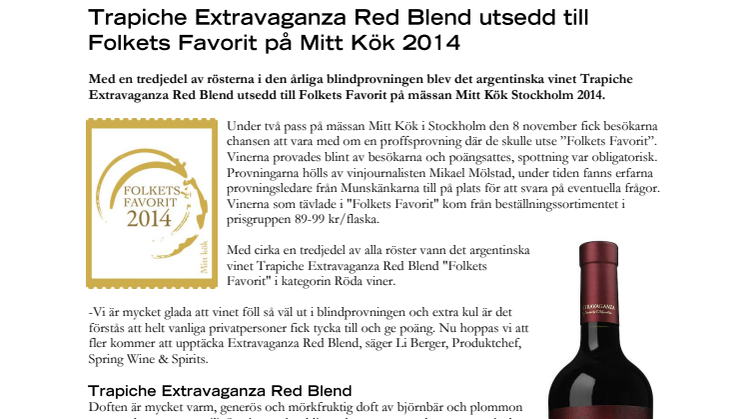 Trapiche Extravaganza Red Blend utsedd till Folkets Favorit på Mitt Kök 2014