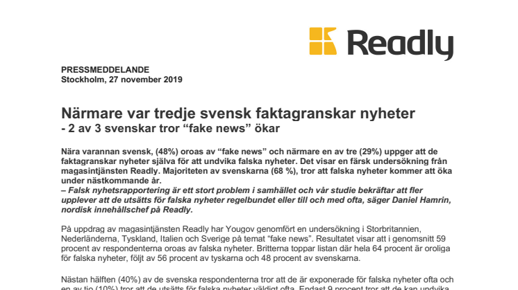 Närmare var tredje svensk faktagranskar nyheter - 2 av 3 svenskar tror “fake news” ökar 