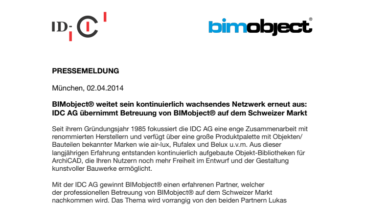 BIMobject® weitet sein kontinuierlich wachsendes Netzwerk erneut aus: IDC AG übernimmt Betreuung von BIMobject® auf dem Schweizer Markt