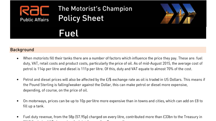 RAC public policy sheet - Fuel 