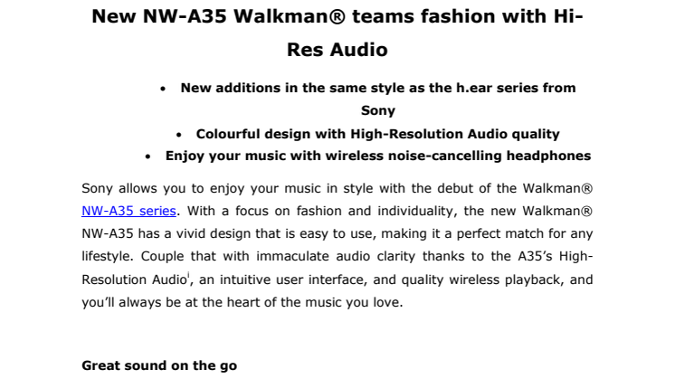 ​NW-A35 Walkman® fra Sony kombinerer personlighed med Hi-Res lydkvalitet