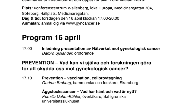 Gyncancerdagen 2015 i Göteborg 16 april - HELA PROGRAMMET
