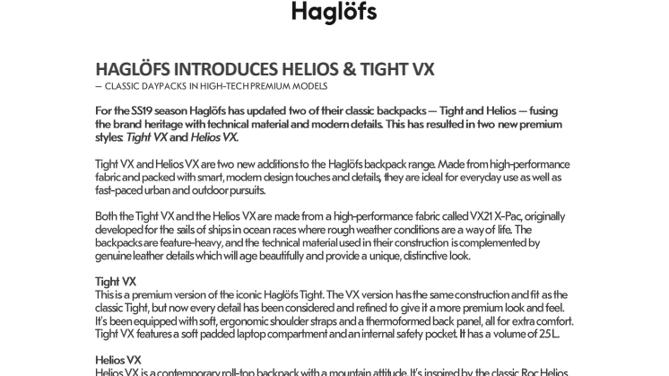 HAGLÖFS INTRODUCES HELIOS & TIGHT VX – CLASSIC DAYPACKS IN HIGH-TECH PREMIUM MODELS