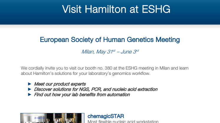 Visit Hamilton at ESHG in Milan, May 31st – June 3rd