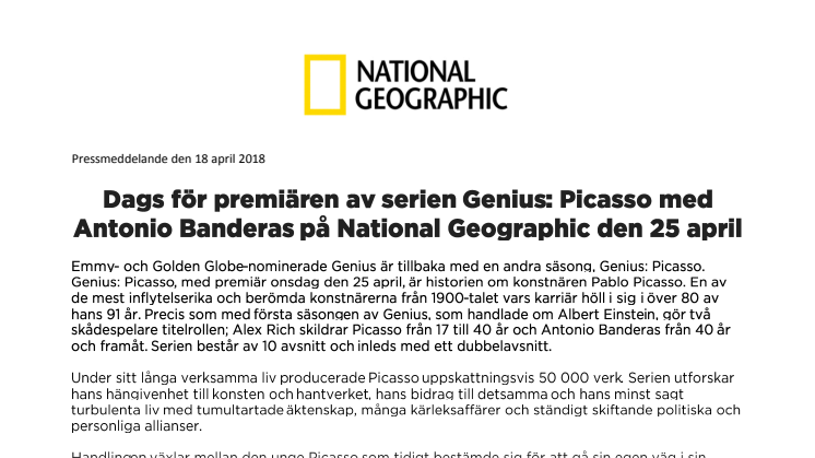 Dags för premiären av serien Genius: Picasso med Antonio Banderas på National Geographic den 25 april