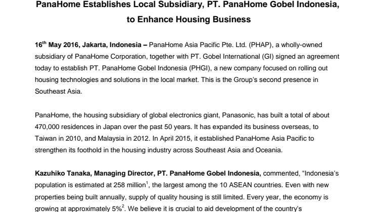 PanaHome Establishes Local Subsidiary, PT. PanaHome Gobel Indonesia,  to Enhance Housing Business